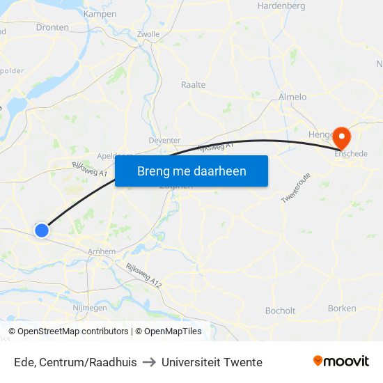 Ede, Centrum/Raadhuis to Universiteit Twente map