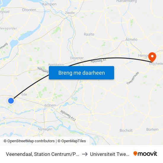 Veenendaal, Station Centrum/Plein to Universiteit Twente map