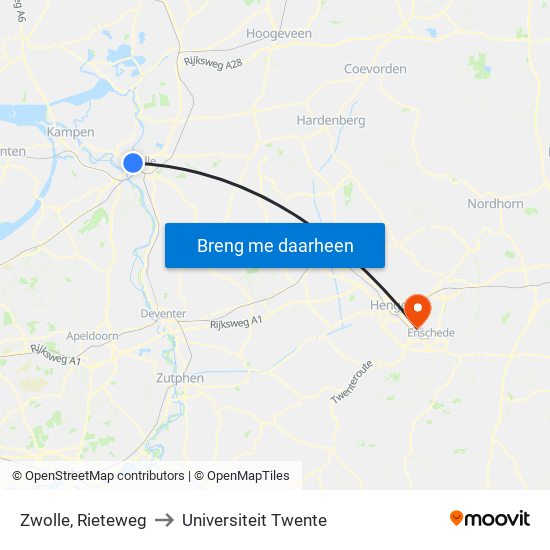 Zwolle, Rieteweg to Universiteit Twente map