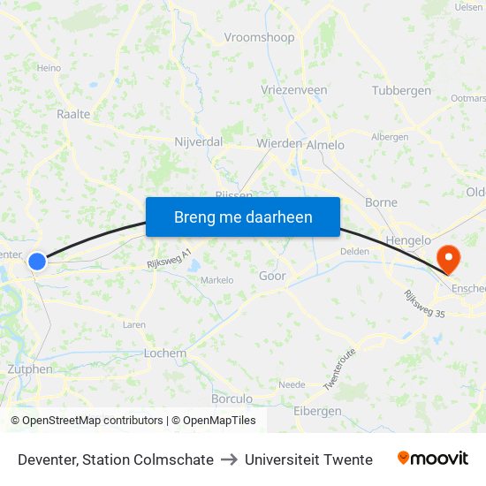 Deventer, Station Colmschate to Universiteit Twente map
