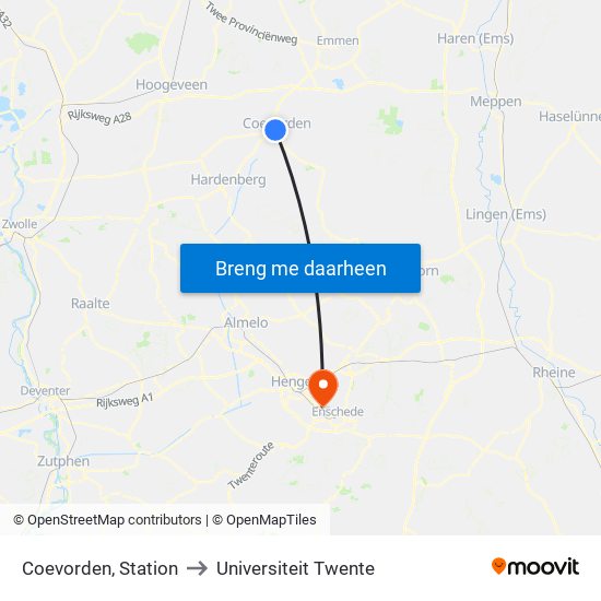 Coevorden, Station to Universiteit Twente map