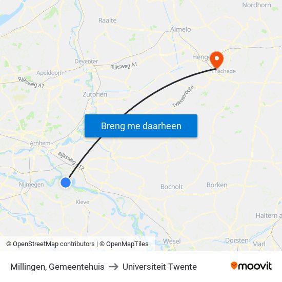Millingen, Gemeentehuis to Universiteit Twente map