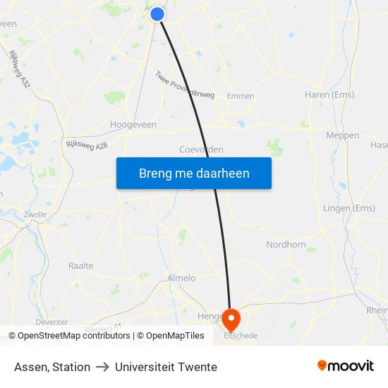 Assen, Station to Universiteit Twente map