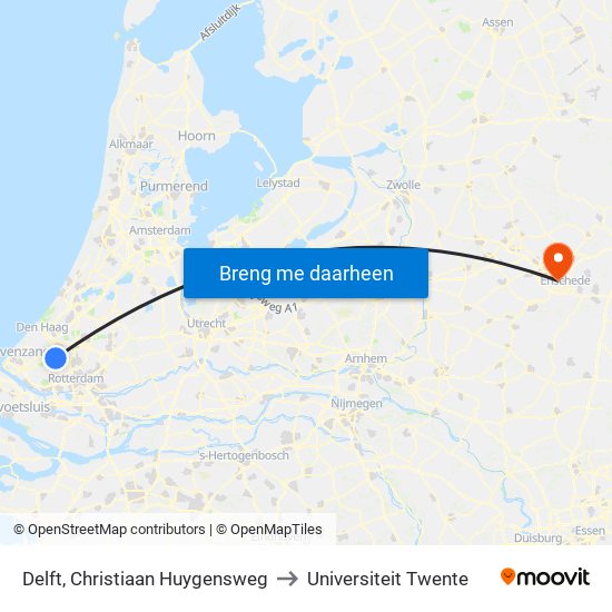 Delft, Christiaan Huygensweg to Universiteit Twente map