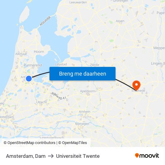 Amsterdam, Dam to Universiteit Twente map