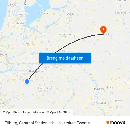 Tilburg, Centraal Station to Universiteit Twente map