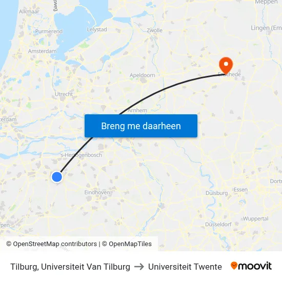 Tilburg, Universiteit Van Tilburg to Universiteit Twente map