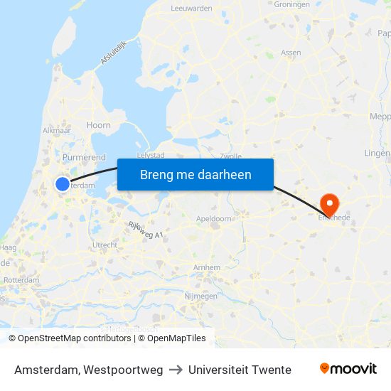 Amsterdam, Westpoortweg to Universiteit Twente map