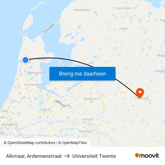 Alkmaar, Ardennenstraat to Universiteit Twente map