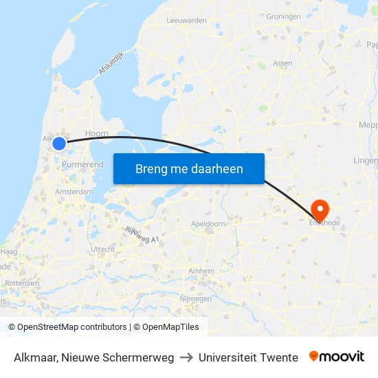 Alkmaar, Nieuwe Schermerweg to Universiteit Twente map