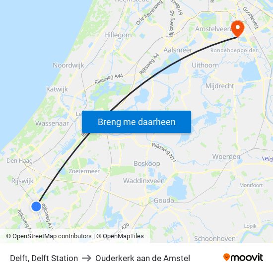 Delft, Delft Station to Ouderkerk aan de Amstel map