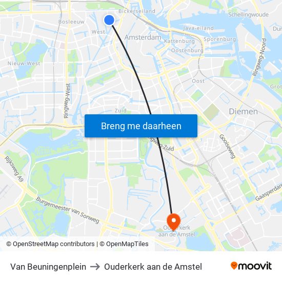 Van Beuningenplein to Ouderkerk aan de Amstel map