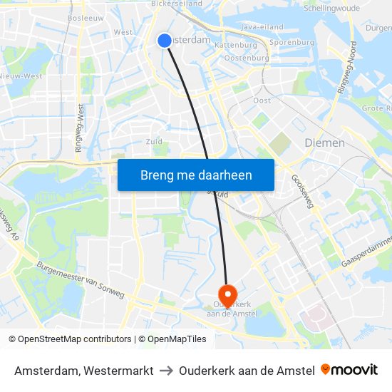 Amsterdam, Westermarkt to Ouderkerk aan de Amstel map