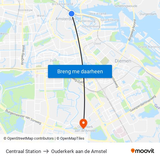 Centraal Station to Ouderkerk aan de Amstel map