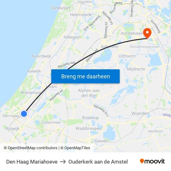 Den Haag Mariahoeve to Ouderkerk aan de Amstel map