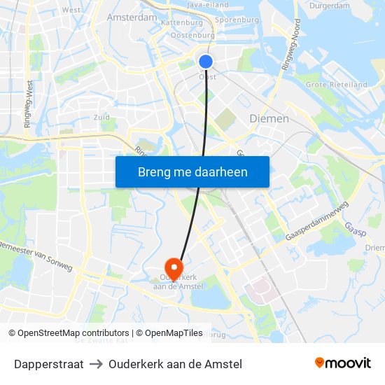 Dapperstraat to Ouderkerk aan de Amstel map