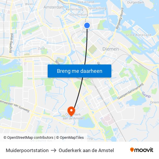 Muiderpoortstation to Ouderkerk aan de Amstel map