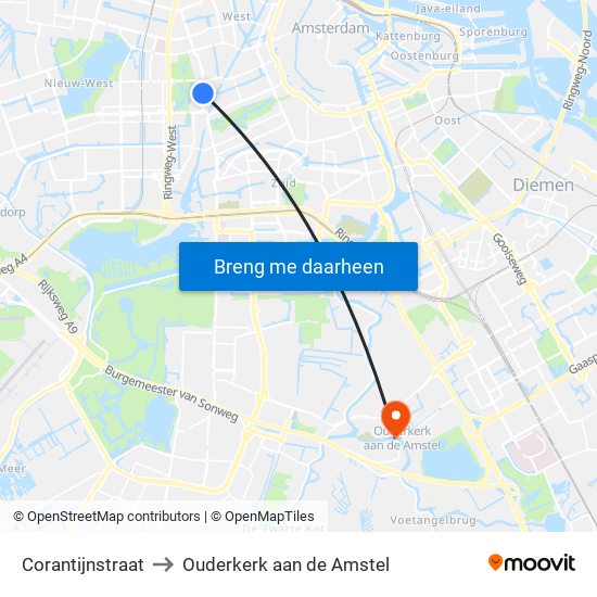 Corantijnstraat to Ouderkerk aan de Amstel map