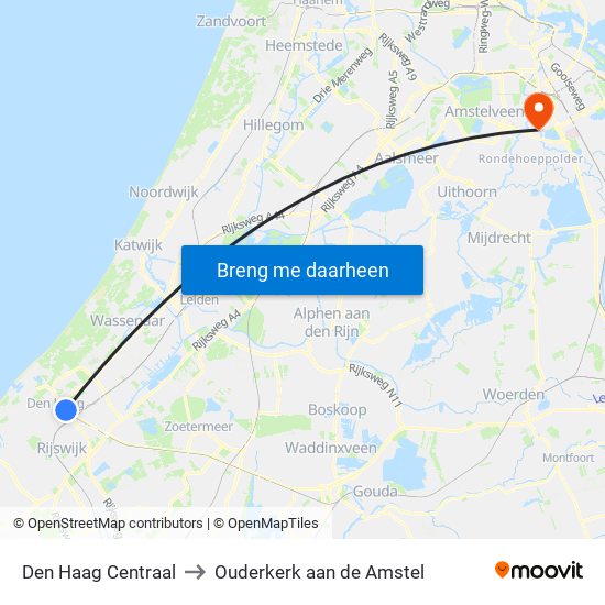 Den Haag Centraal to Ouderkerk aan de Amstel map
