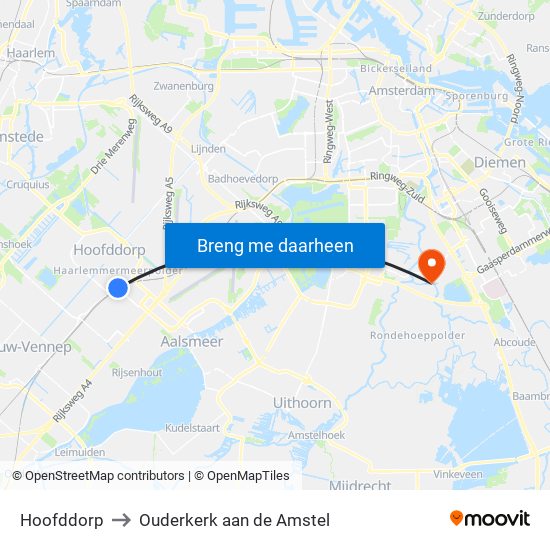 Hoofddorp to Ouderkerk aan de Amstel map