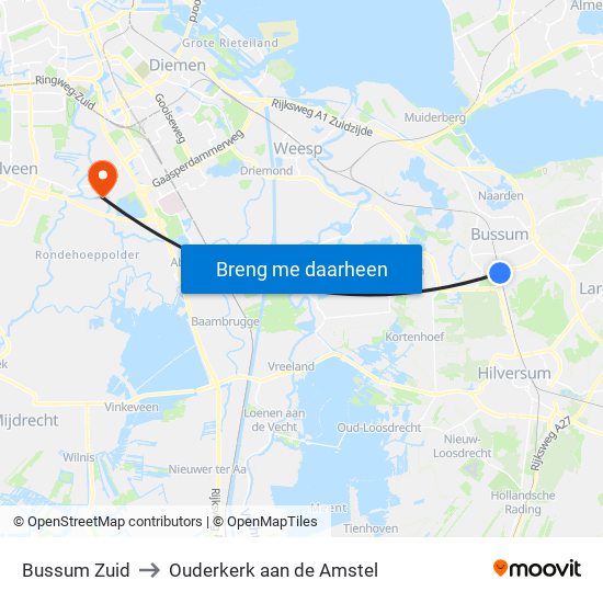 Bussum Zuid to Ouderkerk aan de Amstel map