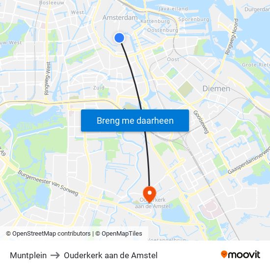Muntplein to Ouderkerk aan de Amstel map