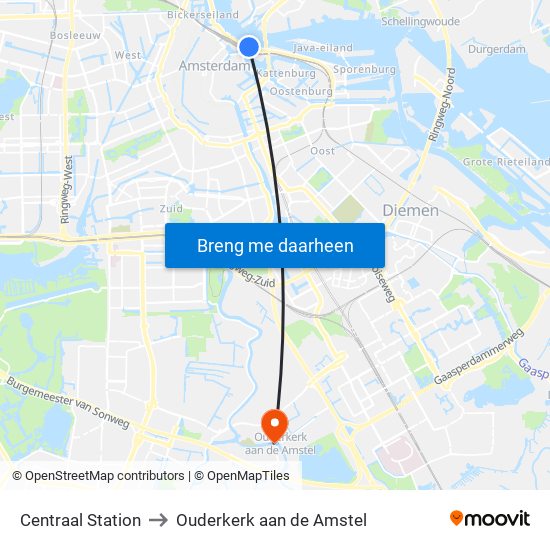 Centraal Station to Ouderkerk aan de Amstel map