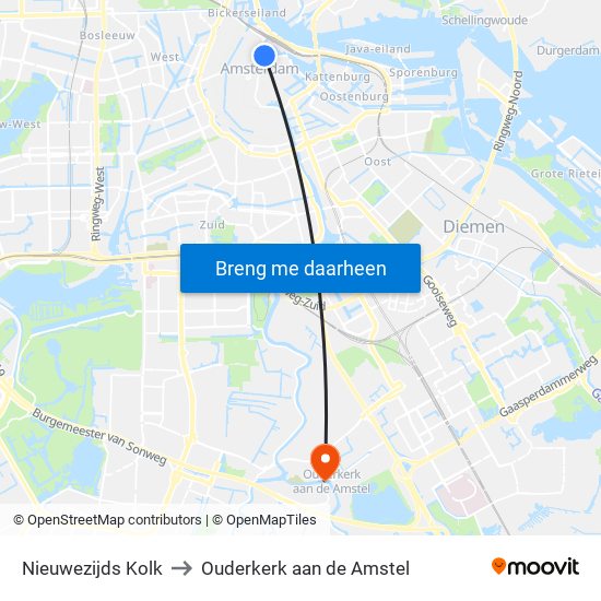 Nieuwezijds Kolk to Ouderkerk aan de Amstel map