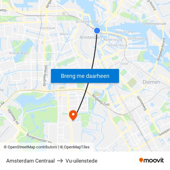 Amsterdam Centraal to Vu-uilenstede map