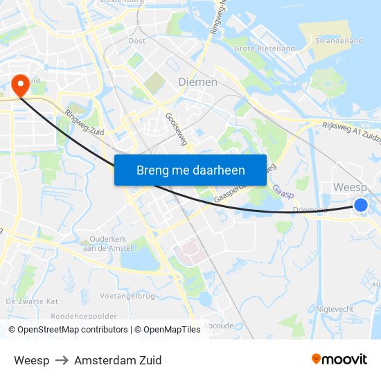 Weesp to Amsterdam Zuid map