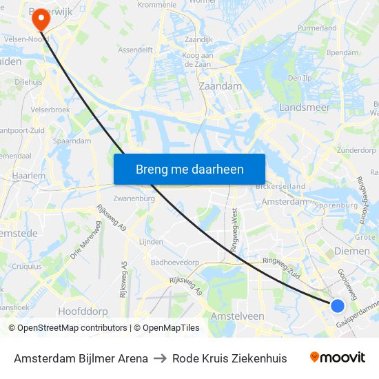 Amsterdam Bijlmer Arena to Rode Kruis Ziekenhuis map