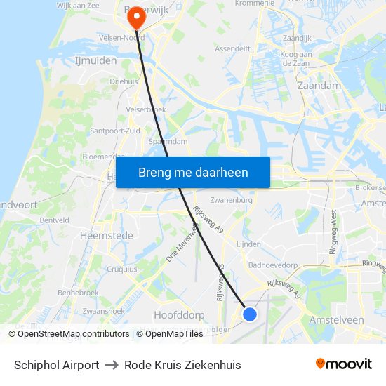 Schiphol Airport to Rode Kruis Ziekenhuis map