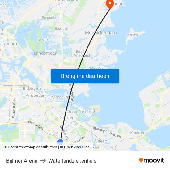 Bijlmer Arena to Waterlandziekenhuis map