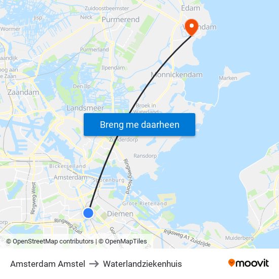 Amsterdam Amstel to Waterlandziekenhuis map