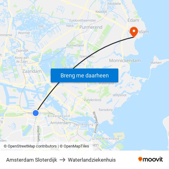 Amsterdam Sloterdijk to Waterlandziekenhuis map