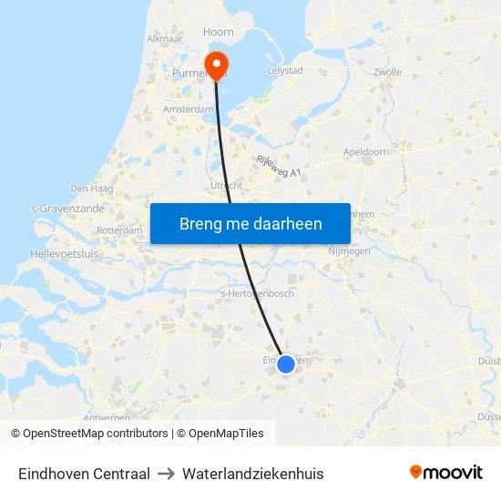 Eindhoven Centraal to Waterlandziekenhuis map