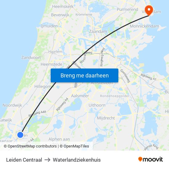 Leiden Centraal to Waterlandziekenhuis map