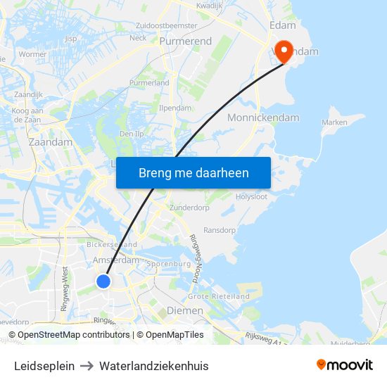 Leidseplein to Waterlandziekenhuis map