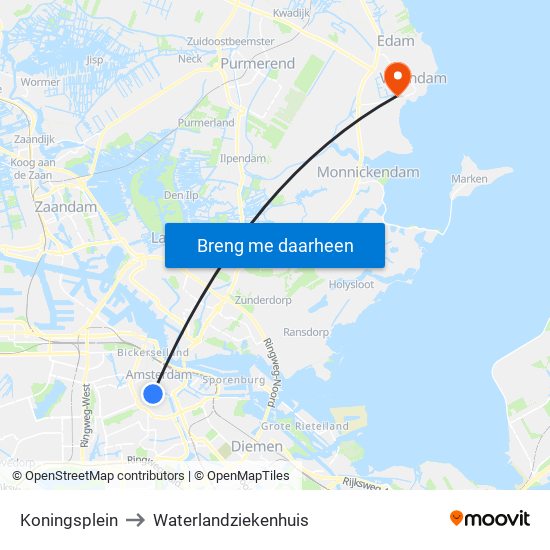 Koningsplein to Waterlandziekenhuis map