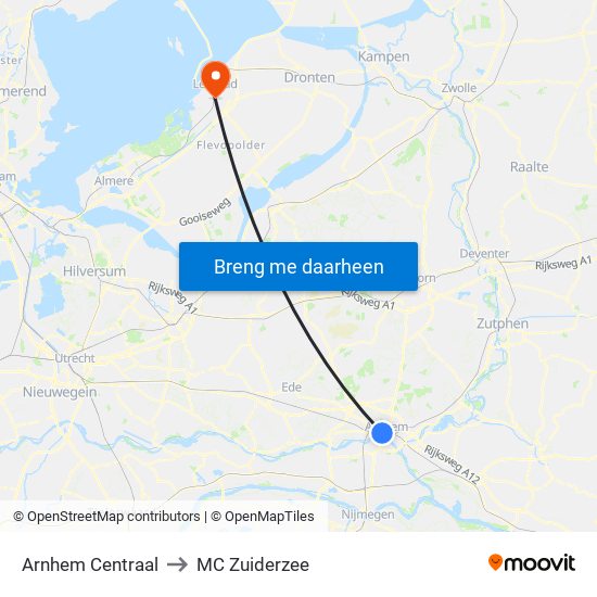 Arnhem Centraal to MC Zuiderzee map