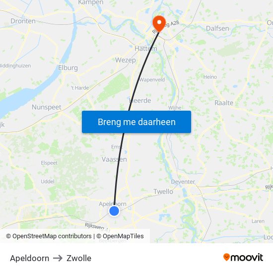 Apeldoorn to Zwolle map