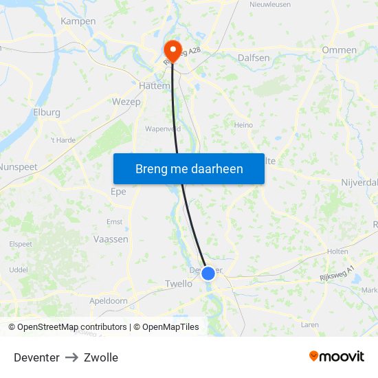 Deventer to Zwolle map