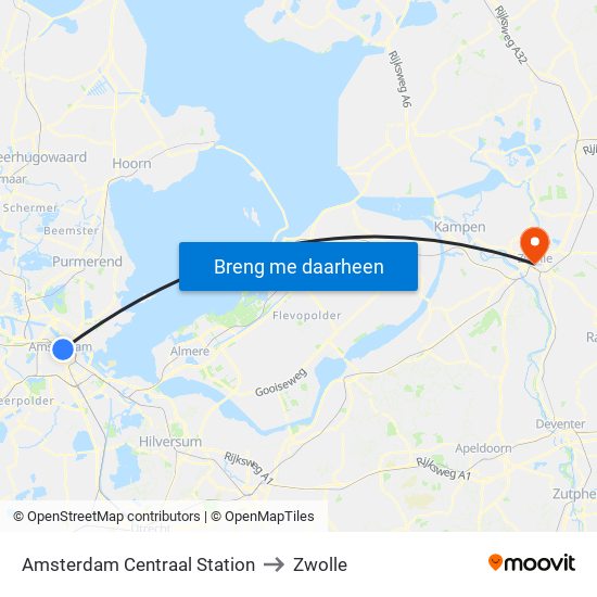 Amsterdam Centraal Station to Zwolle map