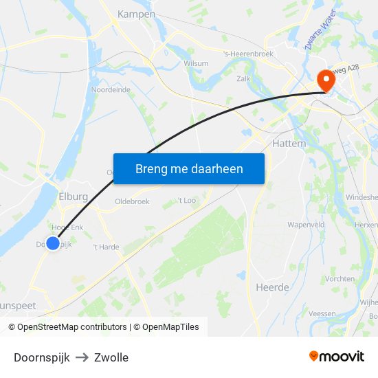 Doornspijk to Zwolle map