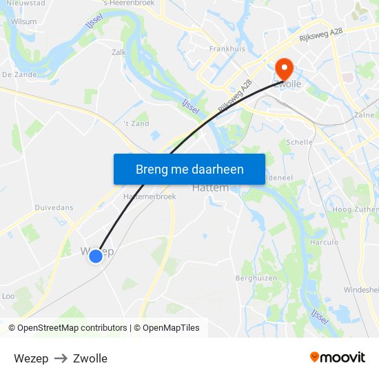 Wezep to Zwolle map