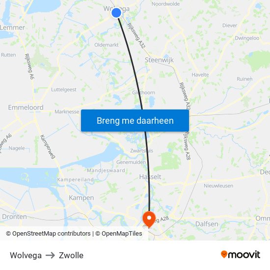 Wolvega to Zwolle map