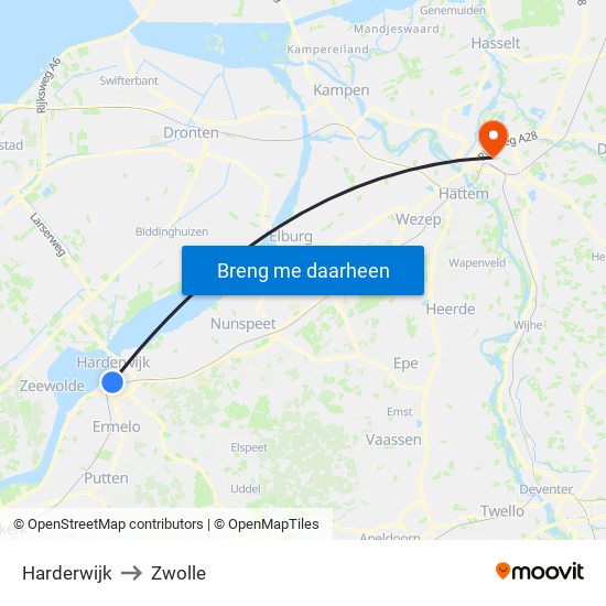 Harderwijk to Zwolle map