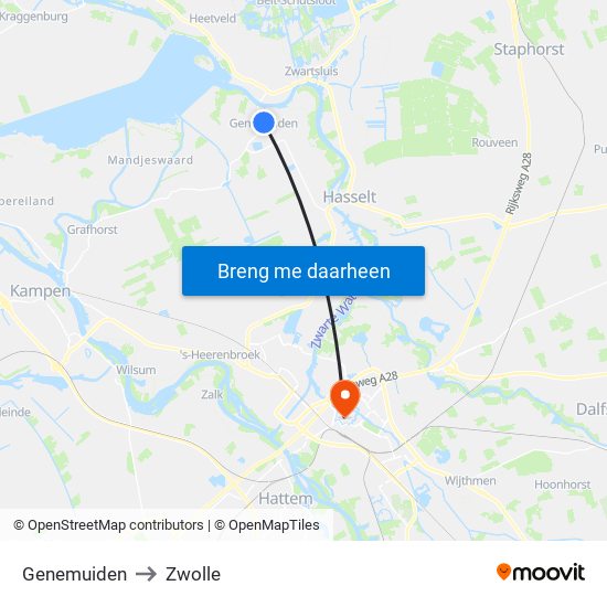 Genemuiden to Zwolle map