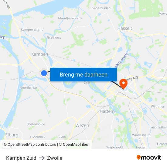 Kampen Zuid to Zwolle map