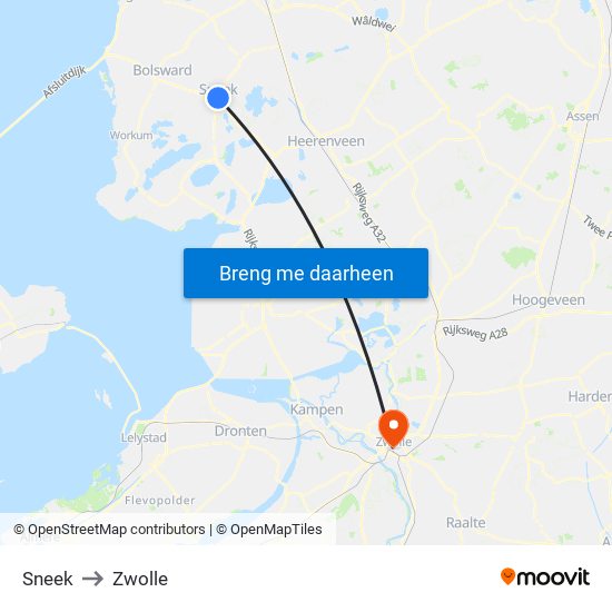 Sneek to Zwolle map